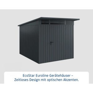 EcoStar Gerätehaus Euroline mit Pultdach, 229x310 cm, anthrazitgrau. Gartenhaus mit Stahltür und Oberlicht.