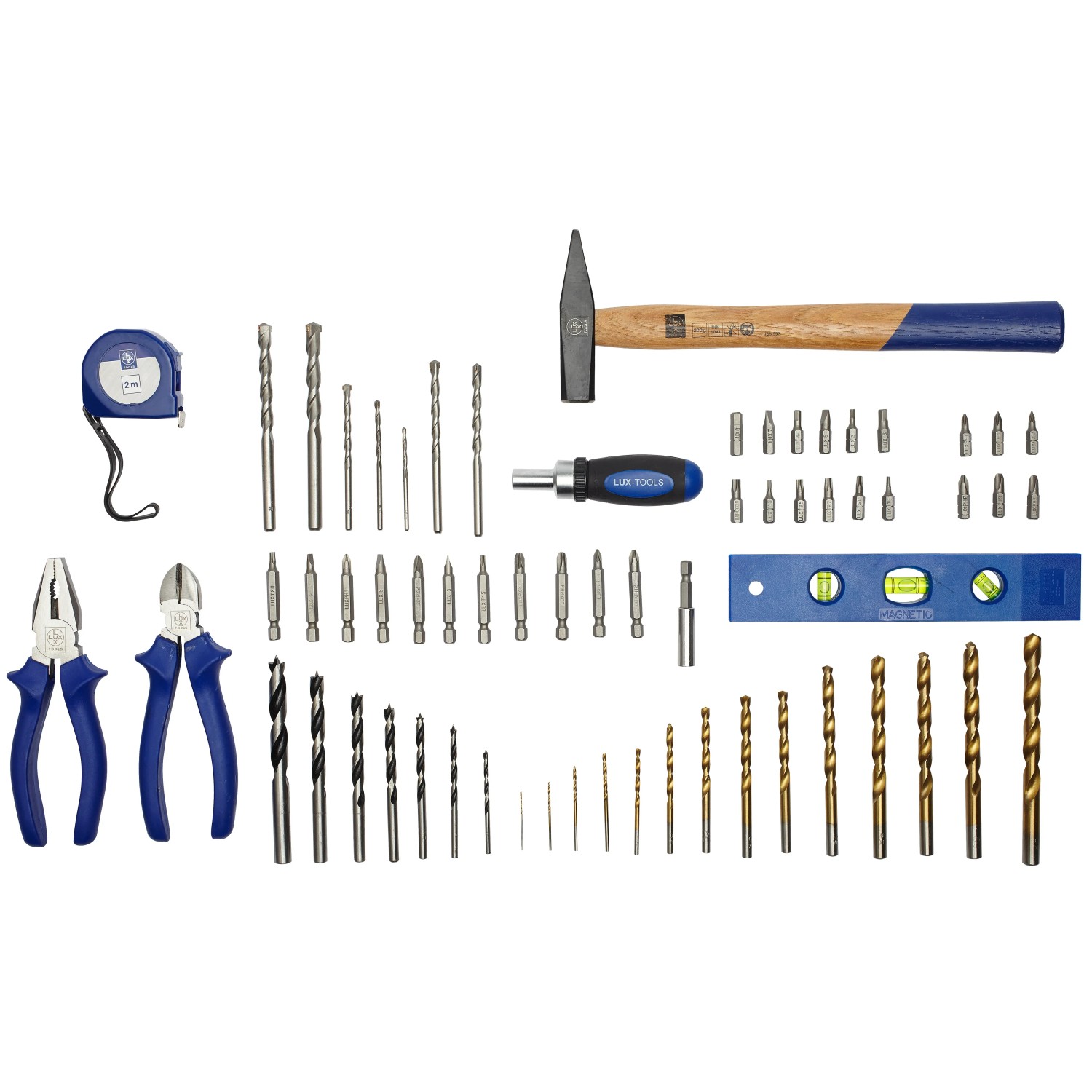 LUX Werkzeugkoffer, 71-teilig: Sortiment mit Bohrern, Bits, Hammer, Zangen, Wasserwaage und Bandmaß.
