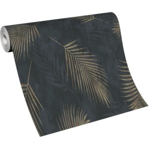 Erismann Vliestapete Guido Maria Kretschmer Fashion for Walls Schwarz mit goldenen Palmenblättern.