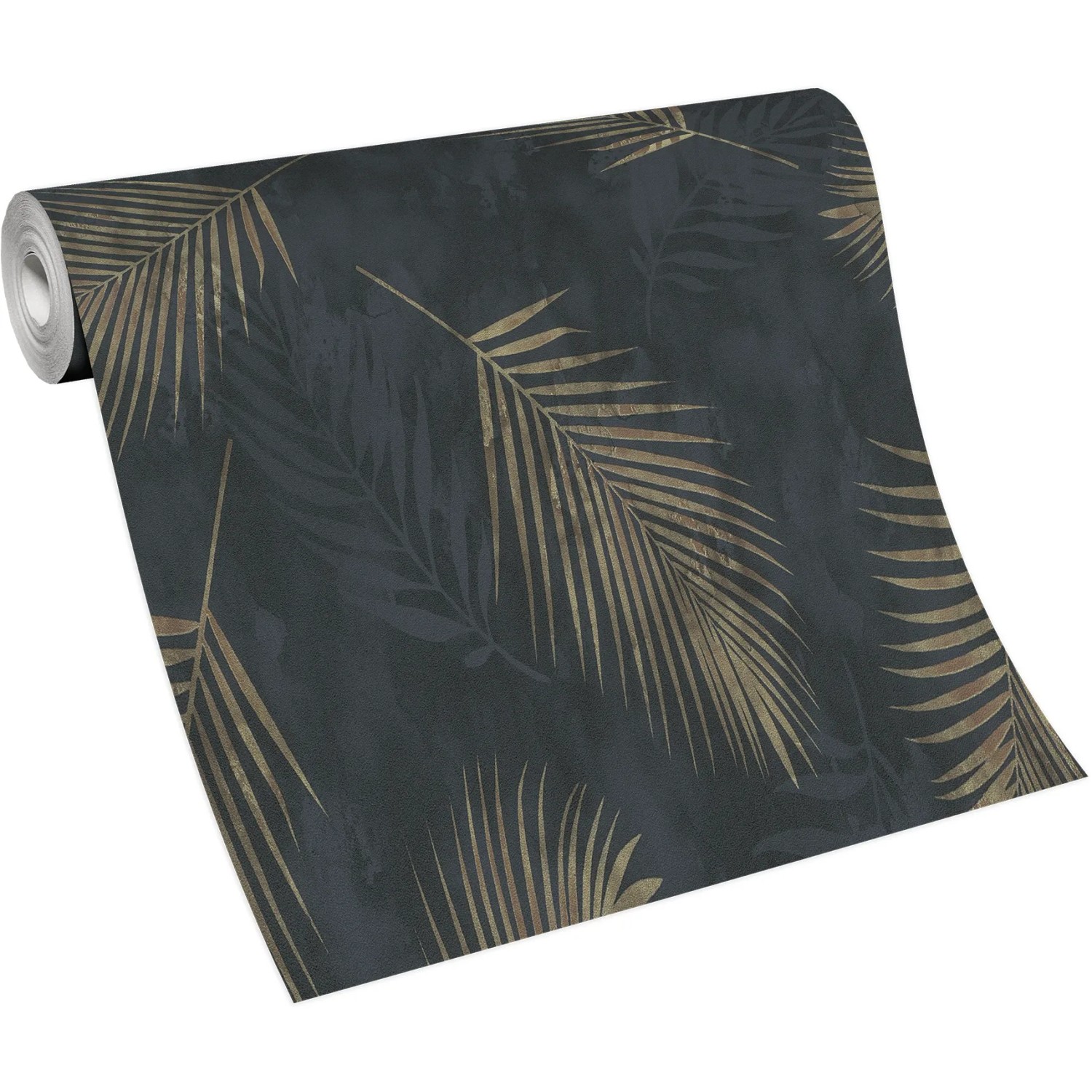 Erismann Vliestapete Guido Maria Kretschmer Fashion for Walls Schwarz mit goldenen Palmenblättern.