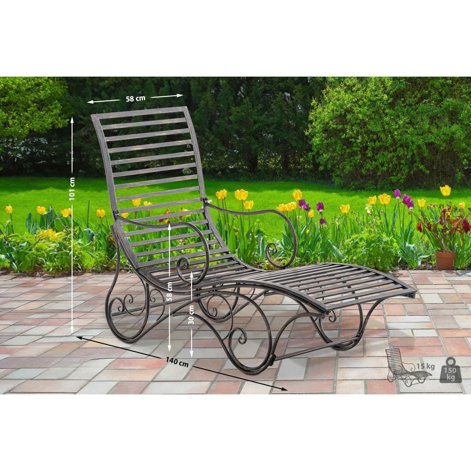 Elegante CLP Gartenliege Amiens aus bronzefarbenem Metall mit geschwungenen Details auf einer Terrasse.