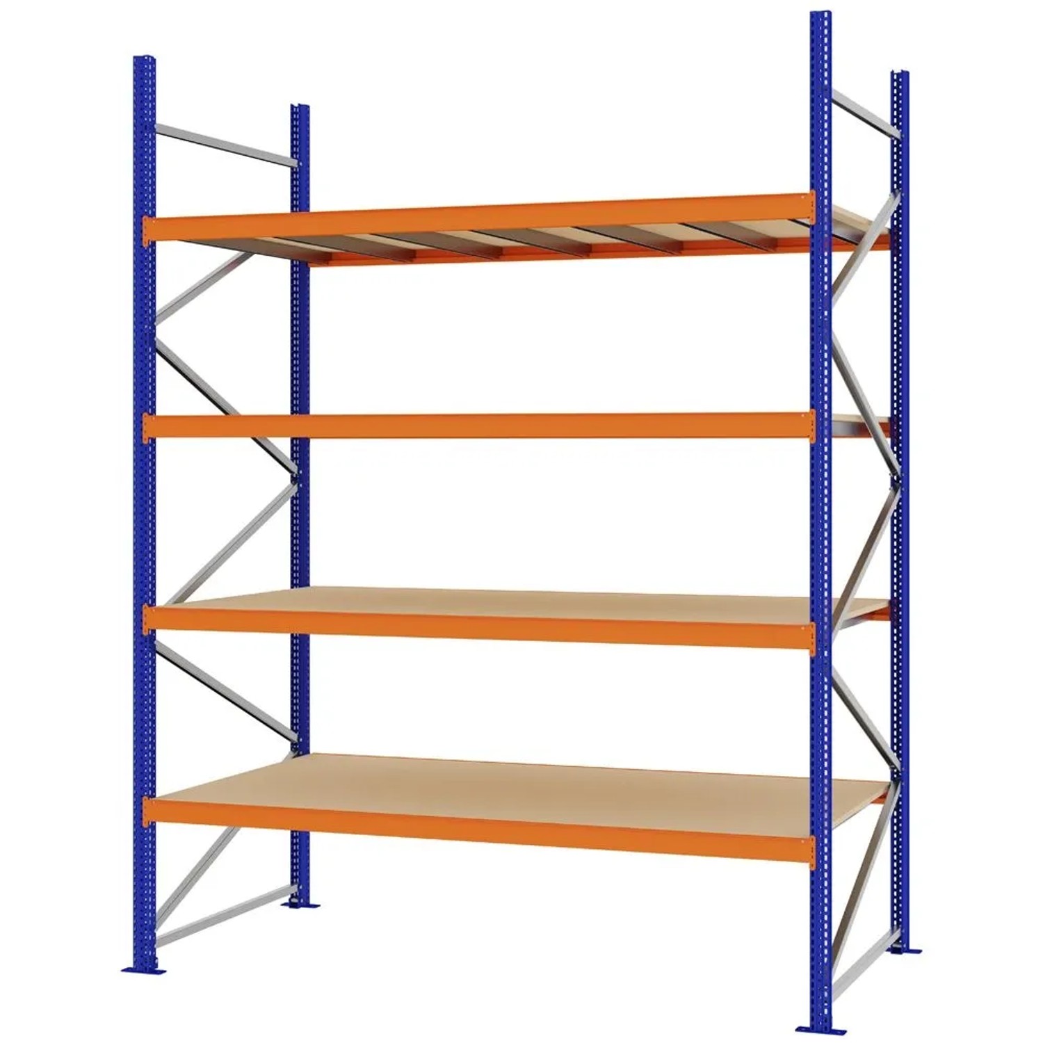 PROREGAL Weitspannregal Schraub-Stecksystem MAGNUS PRO Made In Germany Grundregal 300x225x100cm 4 Ebenen Spanplattenböden Fachlast 520kg Blau/Orange
