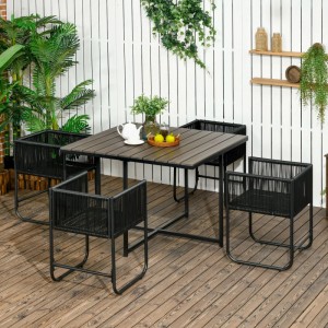 Furnicato Outdoor Essgruppe, 5-teilig, Polyrattan schwarz/grau mit Tisch und 4 Stühlen.