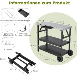 Costway Grillwagen Outdoor Grilltisch mit Edelstahlplatte, 2 Ablagen, Rädern und klappbarer Funktion. Maße & Zubehör gezeigt.