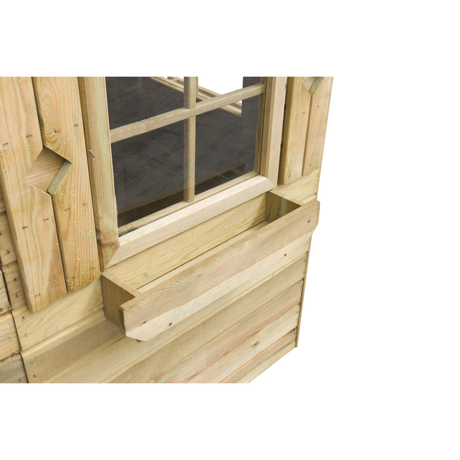 Detailansicht: Fenster mit Blumenkasten am SwingKing Spielhaus Milan aus Holz.
