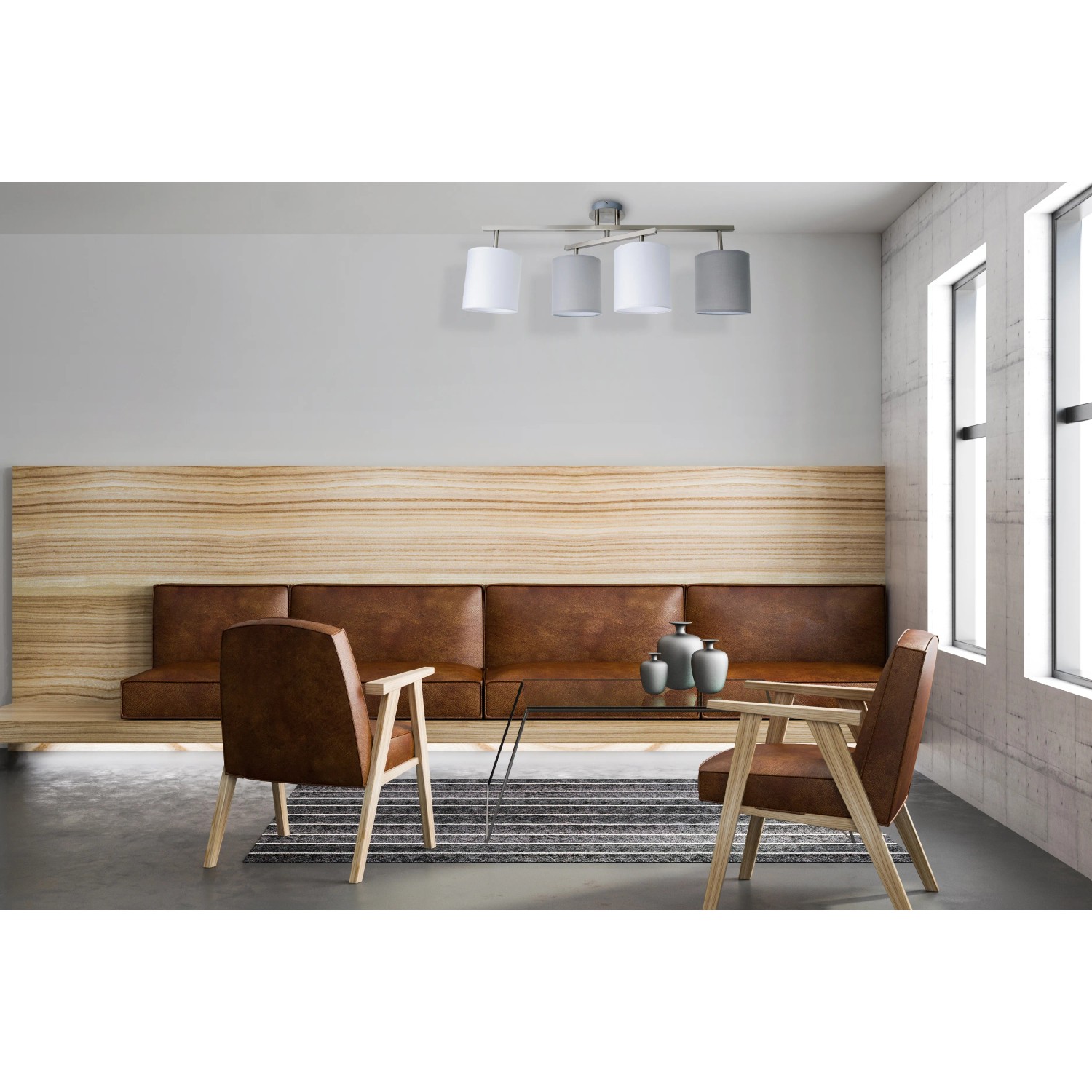 Moderne, 4-flammige Näve Deckenleuchte Tilde in Schwarz/Grau/Weiß im Wohnraum.