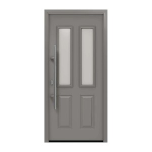 EcoStar Haustür Isopro IP 410S, graualuminium, mit zwei satinierten Glaseinsätzen und Edelstahlgriff.