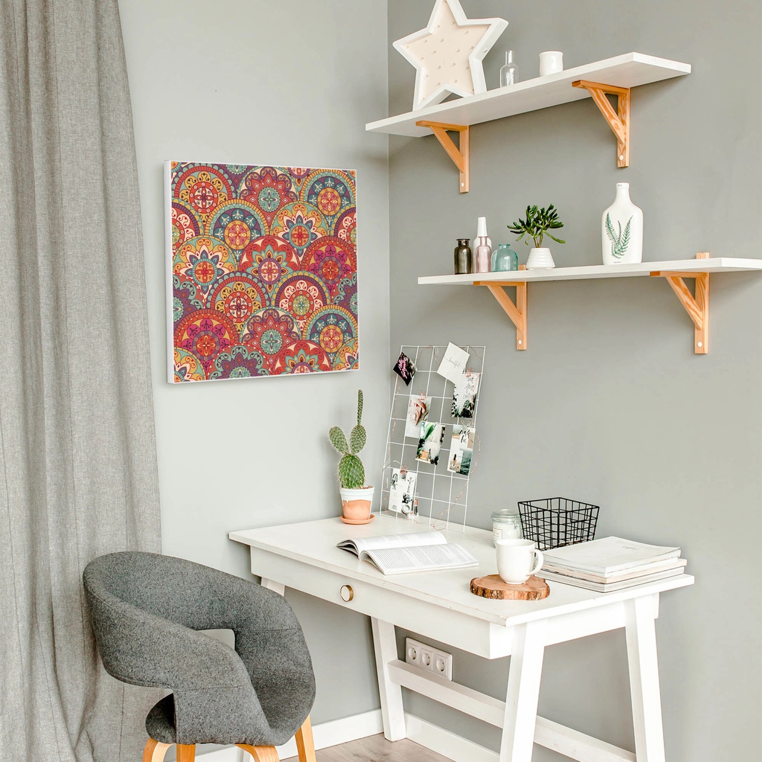 Banjado Magnettafel 50x50 mit Rosetten-Motiv, weiße Magnetwand aus Metall inkl. 4 Magnete.