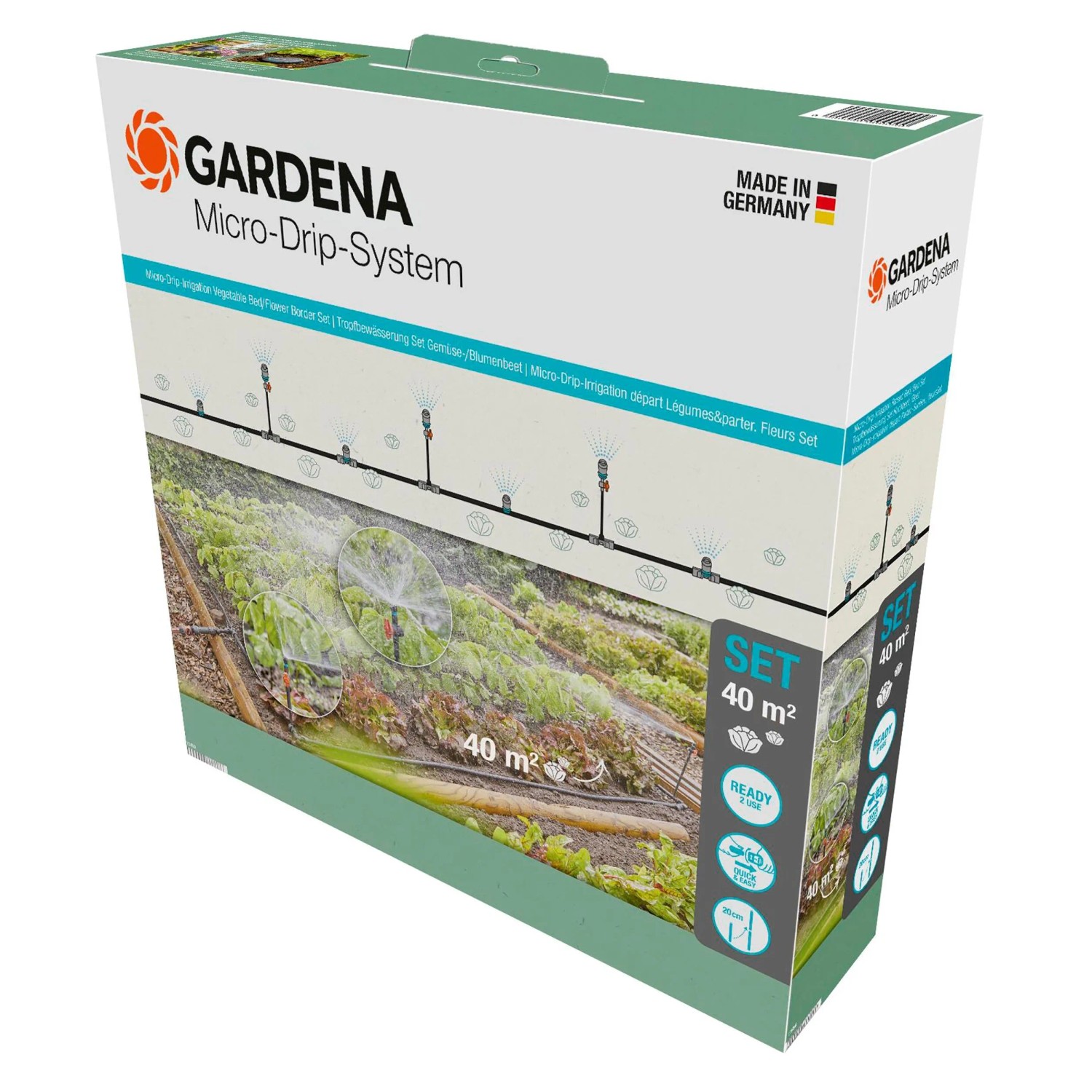 Verpackung des Gardena Tropfbewässerung Set Gemüse-/Blumenbeet für 40 m² mit Anwendungsbeispiel.