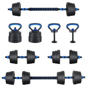 vidaXL 4-in-1 Hantelset: Kurzhantel, Langhantel & Kettlebell, 20kg, schwarz/blau für dein Fitness-Workout.