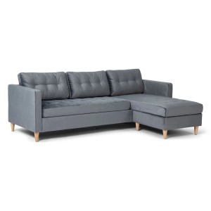 Graues ebuy24 Marino Sofa mit Chaiselongue (rechts/links) aus Velours. Gemütliches Sofa für Wohnzimmer.