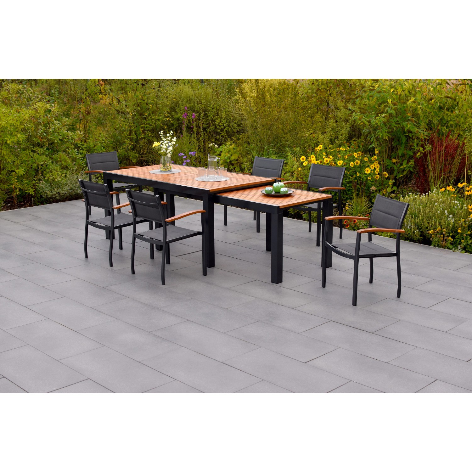 Merxx Paxos Set 7-tlg. 6 Stapelsessel Flex-Gartentisch Ausziehbar günstig online kaufen