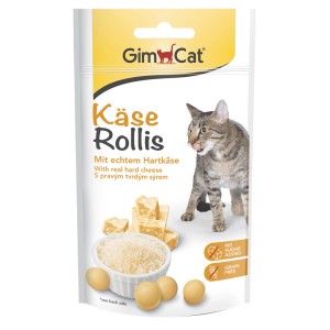 Gimcat Käserollis 40g Packung mit Käsewürfeln, Käsepulver und Katze.