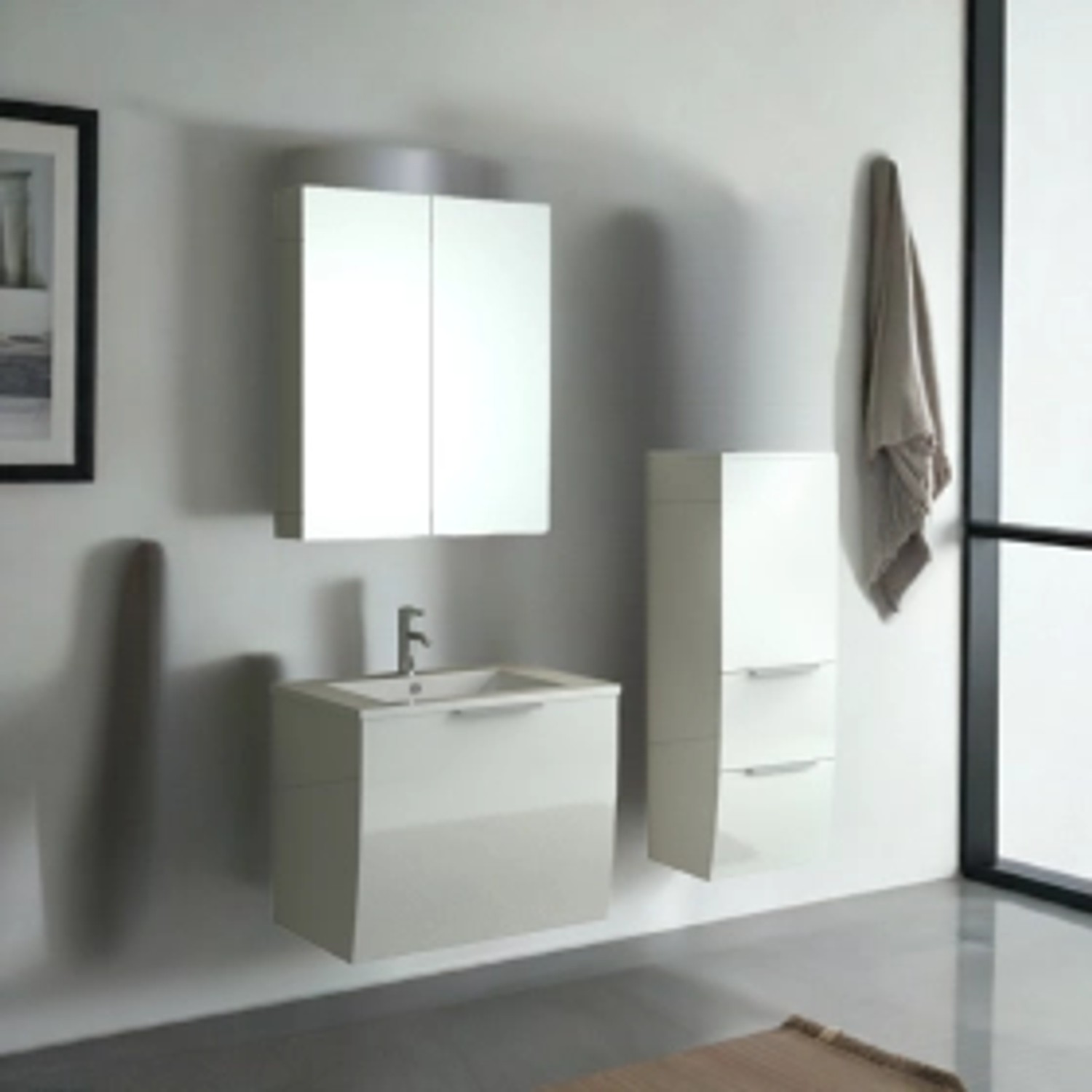 Jet-Line Badset Rorschach, hochglanz weiß: Waschbecken, Unterschrank, Hochschrank und Spiegelschrank.