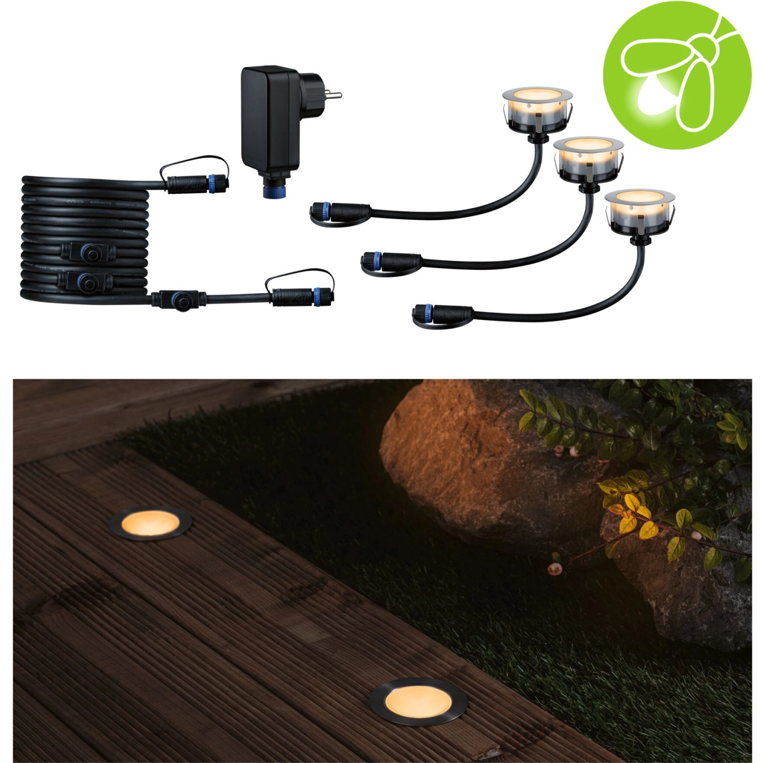 Paulmann LED-Bodeneinbaustrahler Floor Plug & Shine 3er Set mit Trafo und Kabel, warmweißes Licht.