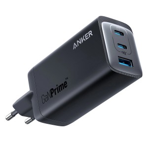 Schwarzes Anker 737 GaNPrime 120W Ladegerät mit 2 USB-C und 1 USB-A Anschluss.