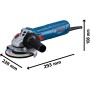 Bosch Professional GWS 12-125 Winkelschleifer in Blau mit Schleifscheibe und den Maßangaben.