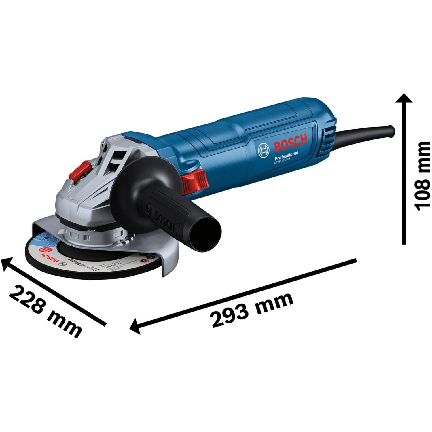 Bosch Professional GWS 12-125 Winkelschleifer in Blau mit Schleifscheibe und den Maßangaben.