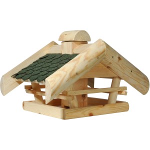 Dobar Vogelhaus mit Futtersilo aus Holz und grünem Bitumendach.