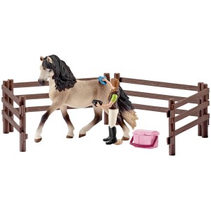 Schleich Farm World Pferdepflegeset Andalusier mit Stute, Pflegerin, Putzbox und Zaun.