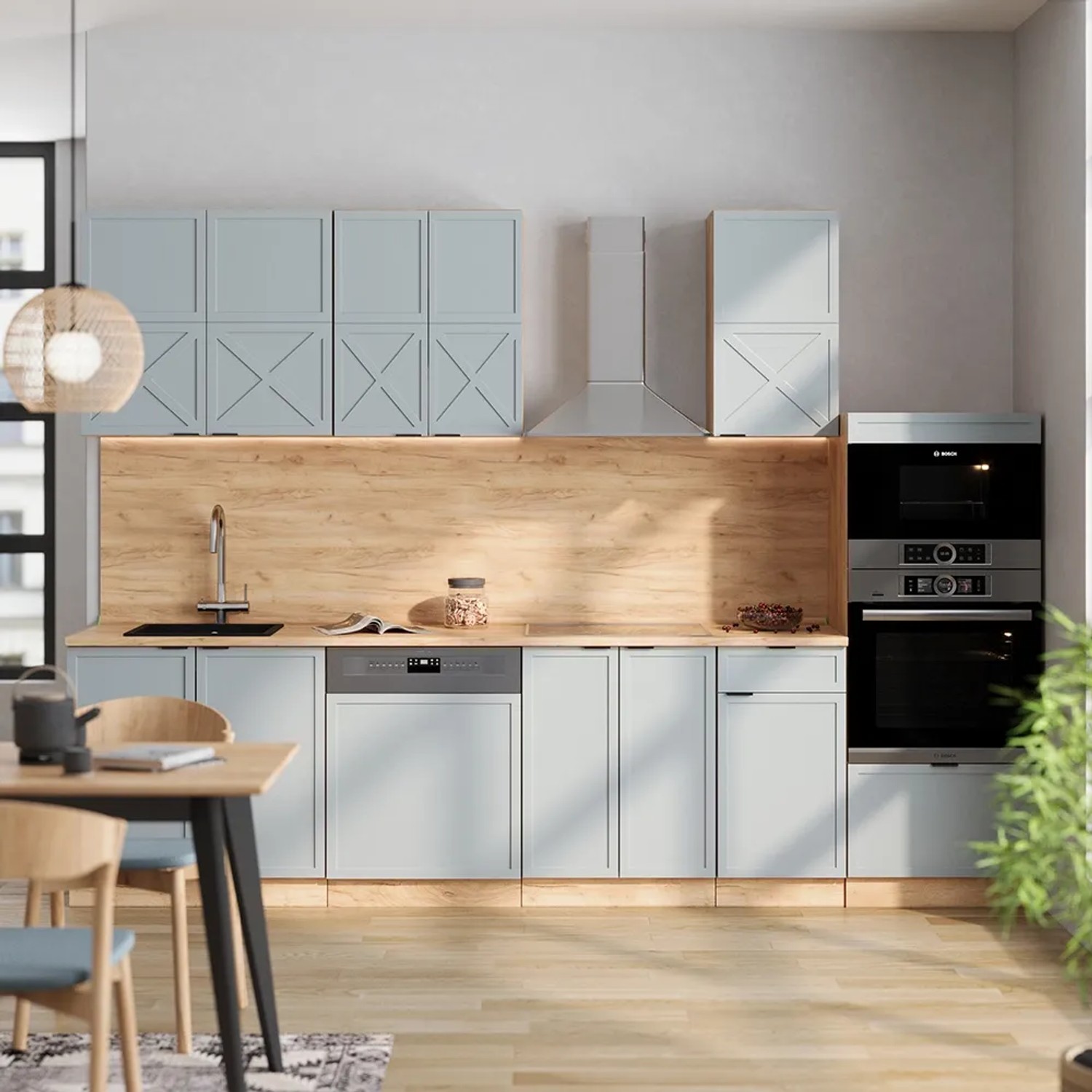 Vicco Fame-Line Küchenzeile 300cm in Hellblau-Grau/Goldkraft Eiche mit Hochschrank Anthrazit.