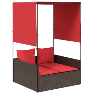 vidaXL Doppelte Sonnenliege mit Dach und Vorhängen Braun Poly-Rattan 4002762