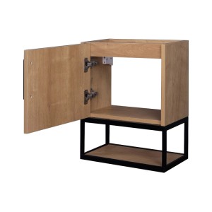 Hängender Waschbeckenunterschrank Lopena in hellem Holz-Look mit offener Tür, schwarzem Metallgestell und Ablage, 40 cm breit.