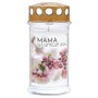 Weißes Ambrosius Grablicht „Mama“ mit Blumenmotiv, wetterfest und mit langer Brenndauer.