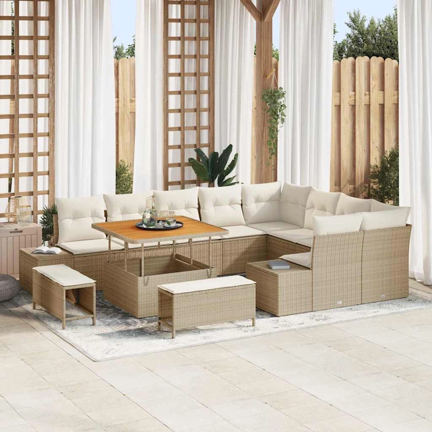 Beiges 12-tlg. vidaXL Garten-Sofa-Set aus Poly Rattan mit Tisch und Stauraum.