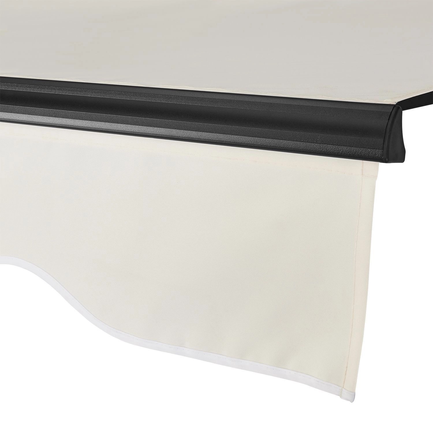 Detailaufnahme: Beige Gelenkarmmarkise (300x250 cm) mit schwarzem Gestell. Ideal für Terrasse & Balkon.