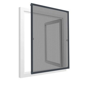 Anthrazitfarbenes Tectake Fliegengitter mit Aluminiumrahmen für Fenster, 80x100 cm, auf weißem Fensterrahmen montiert.
