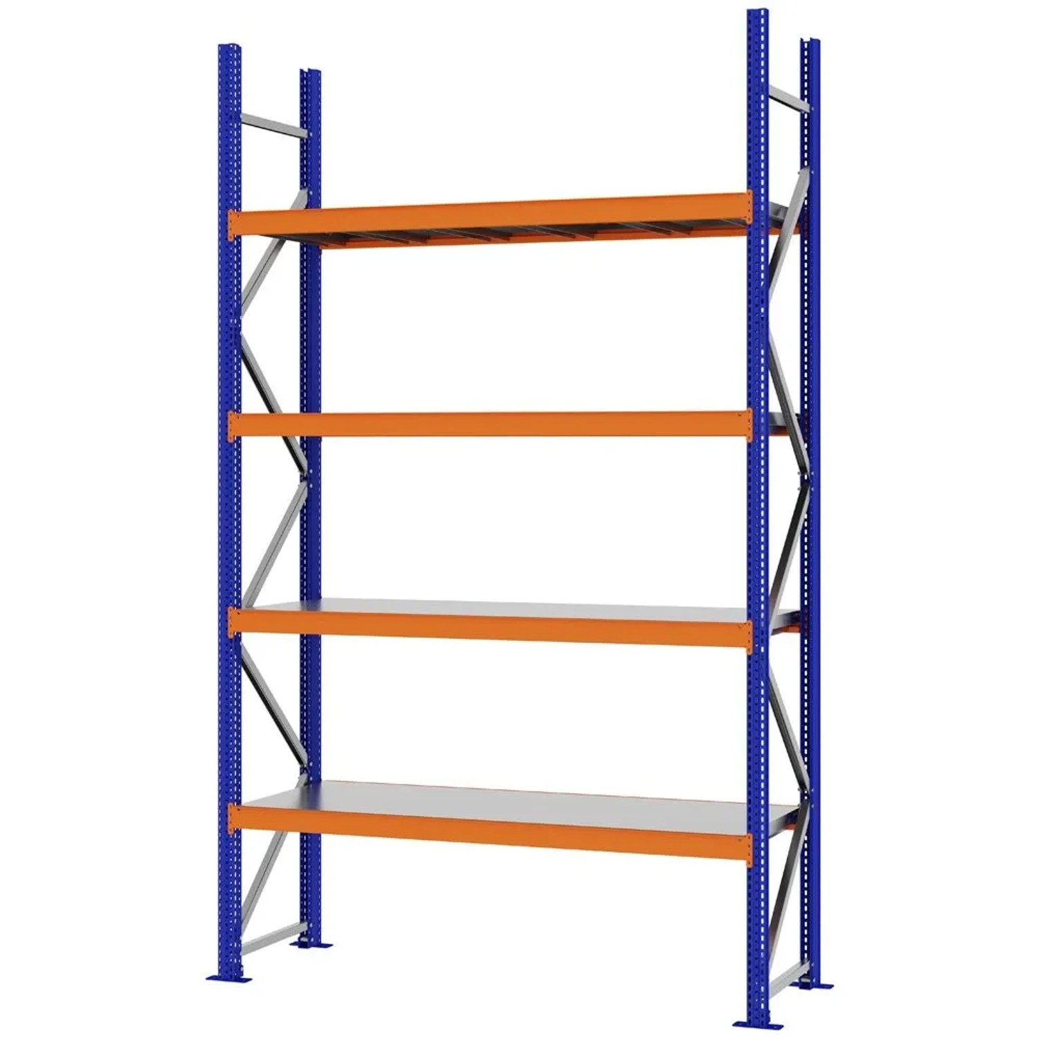 PROREGAL Weitspannregal Schraub-Stecksystem MAGNUS PRO Made In Germany Grundregal 300x175x50cm 4 Ebenen Stahlböden Fachlast 700kg Blau/Orange