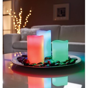 LED-Kerzen Set, 3-teilig mit Farbwechsel, Echtwachs, für stimmungsvolle Lichteffekte im Innenbereich.