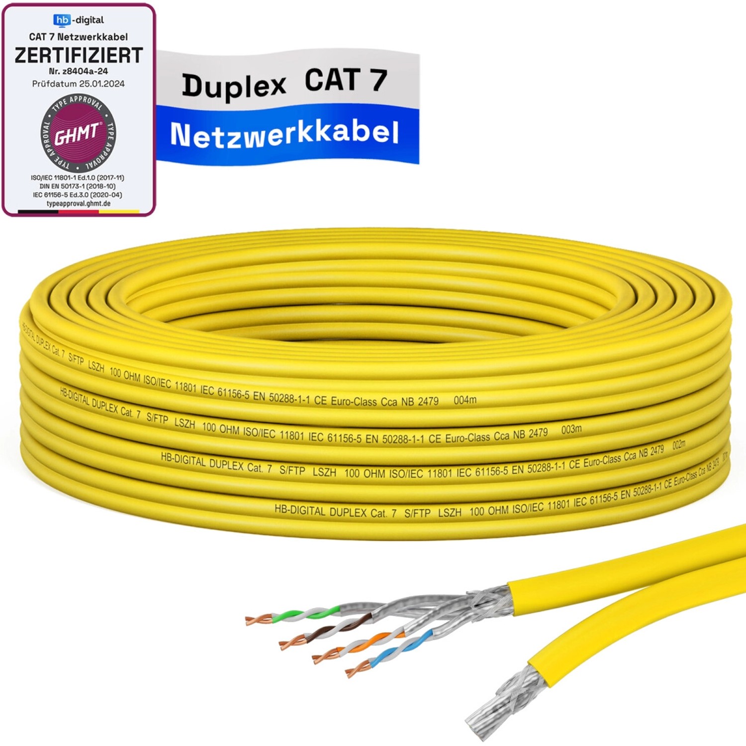 hb-digital CAT 7 Kabel Duplex Ethernetkabel LSZH max. 1000 MHz S/FTP AWG23 10m gelb