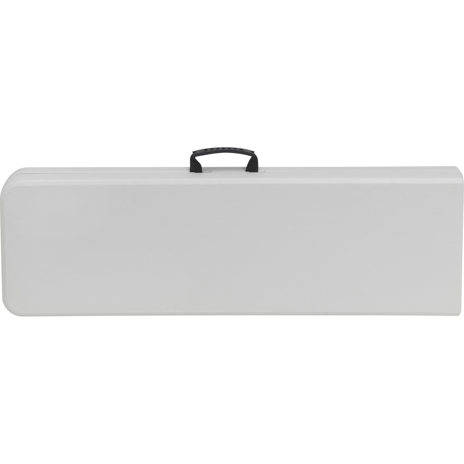 Zusammengeklappte, weiße Bierzeltgarnitur Taloga aus Kunststoff mit Tragegriff.