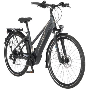 Graues Fischer E-Bike Viator 5.0i mit Trapezrahmen und Gepäckträger.