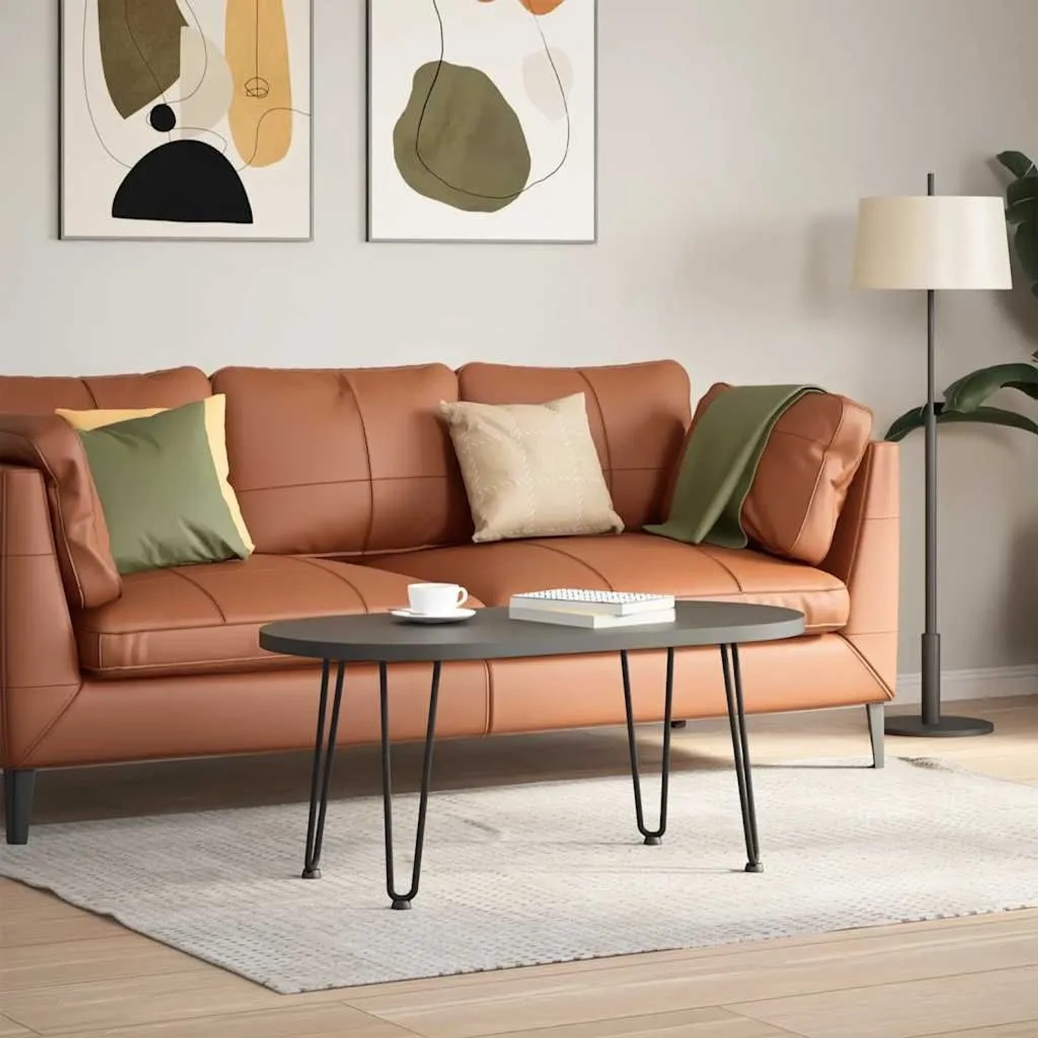 Schwarze vidaXL Haarnadelbeine aus Stahl an Couchtisch. Möbelbeine im modernen Wohnzimmer.