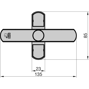Technische Zeichnung Basi Fensterzusatzsicherung für Doppelflügelfenster, Maße 85x135 mm.