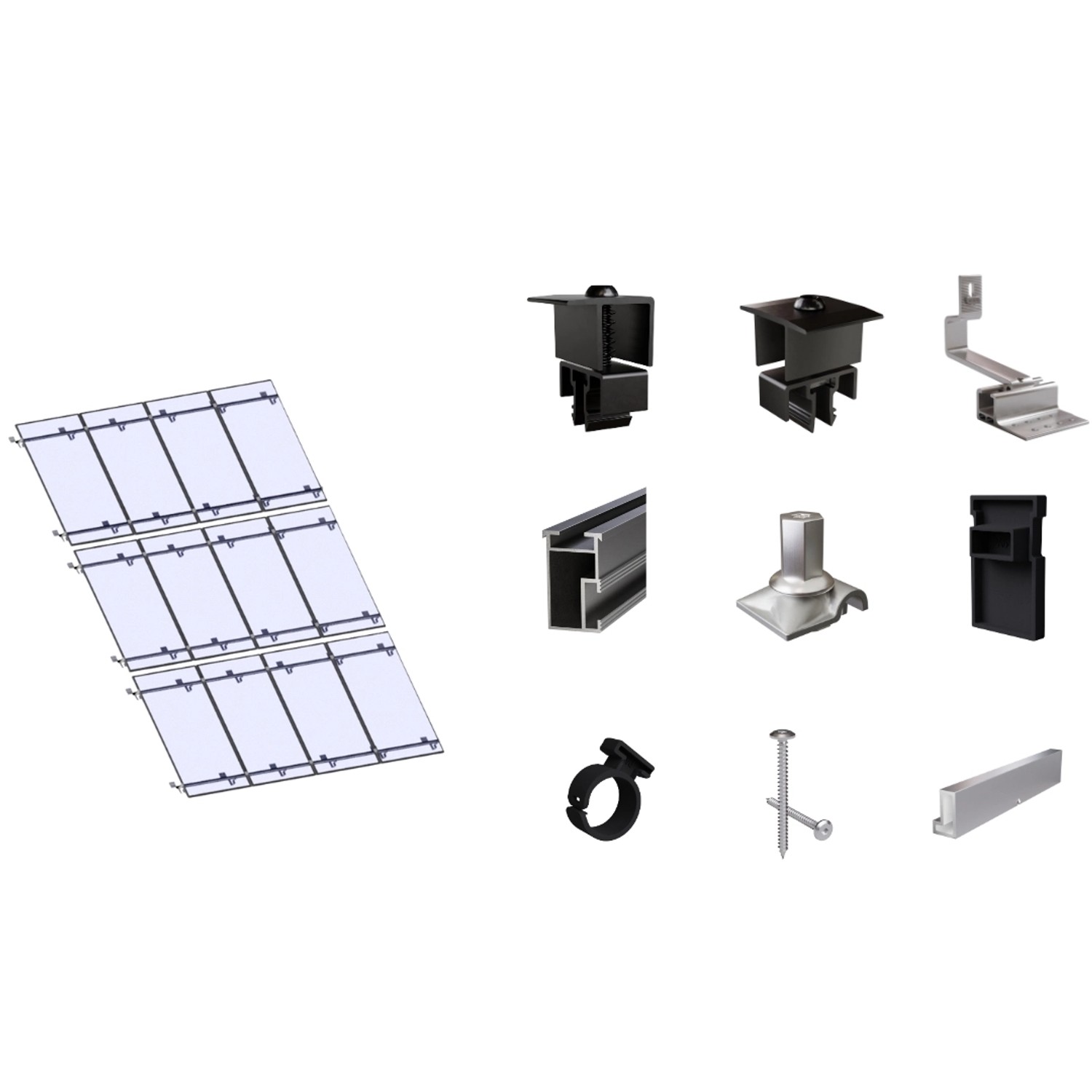 SolMount Montageset Schrägdach 12 Module Anordnung 4 Module nebeneinander und 3 Module untereinander Schwarz Eloxiert