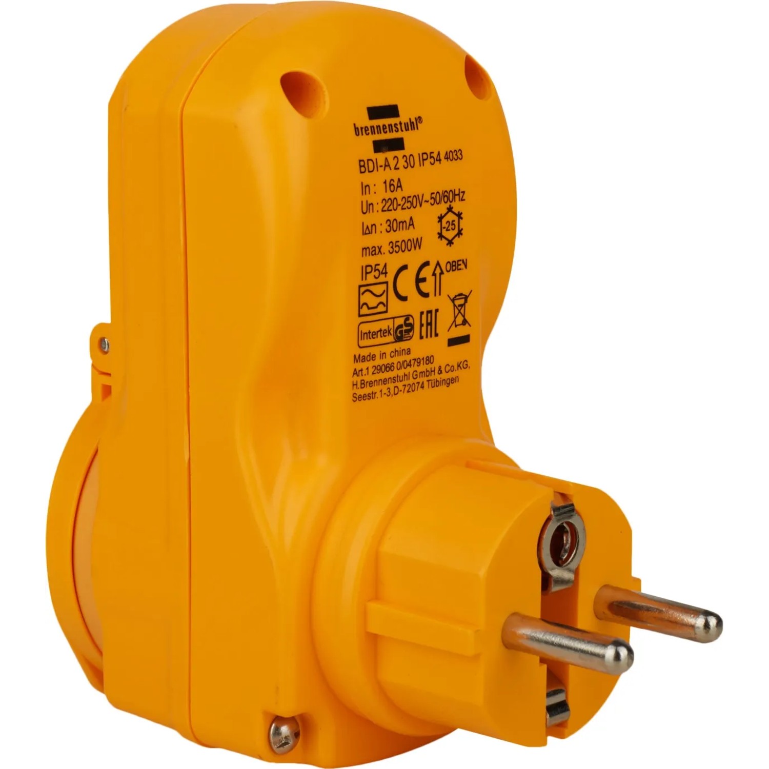 Gelber Brennenstuhl Personenschutz-Adapter für Steckdosenleisten, IP54 Schutz.