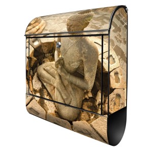 Schwarzer Design Briefkasten mit Buddha Motiv und Zeitungsfach, 39x47x14cm.