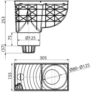 Technische Zeichnung: Alcadrain Regensinkkasten 300x155/125 mm, senkrechter Abgang, Maße und Details.