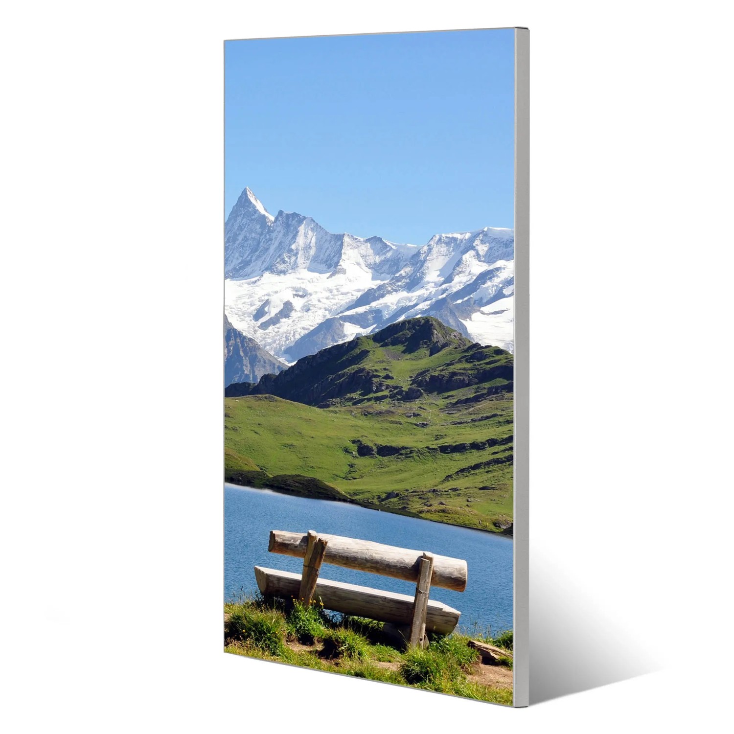 Magnettafel Alpen Motiv, 37x78cm, silberne Magnetwand mit Berglandschaft und Bank, inkl. 4 Magnete.