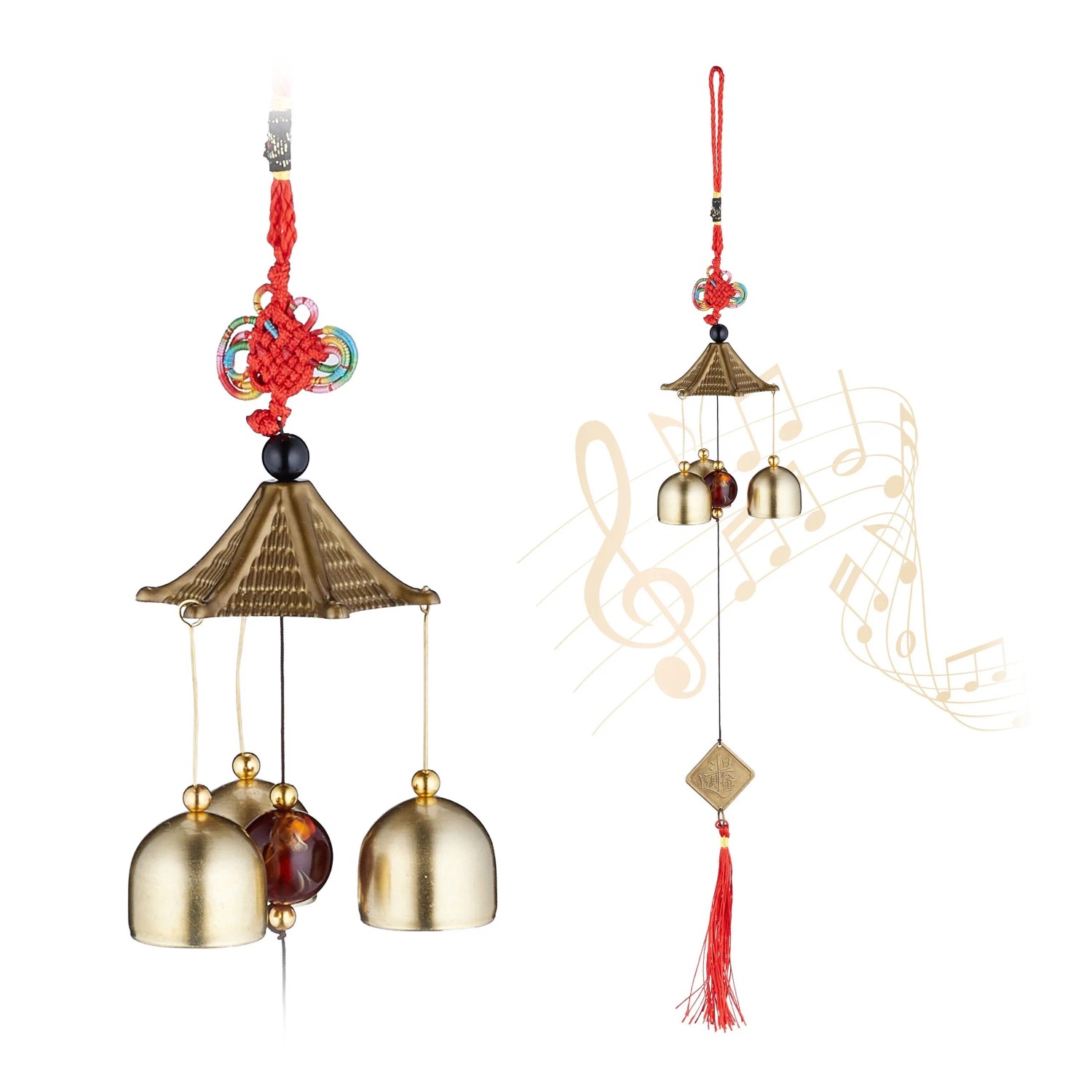 Relaxdays Windspiel Feng Shui Eisen Kunststoff Gold Rot Schwarz 2er Set 49 cm x 6,5 cm x 6,5 cm 40 g
