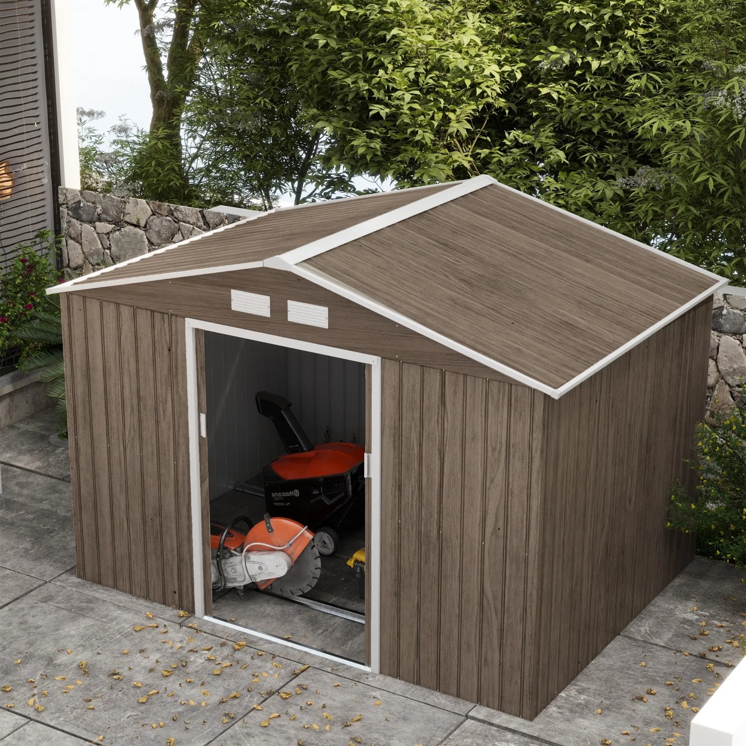 Outsunny Gerätehaus mit Pultdach, Stahl in Braun, 277x195x192 cm. Gartenhaus mit Schiebetüren.