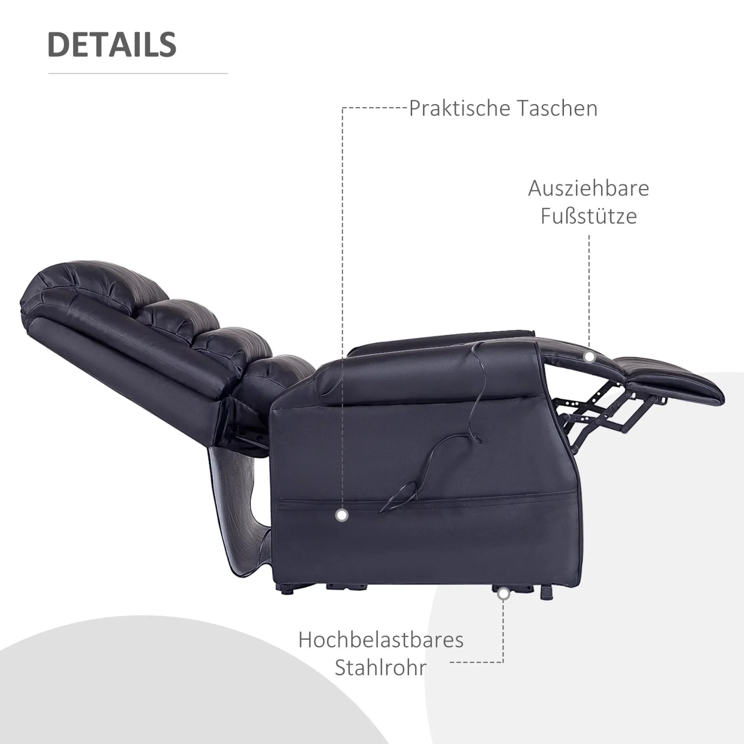 Schwarzer HOMCOM Sessel mit Aufstehhilfe, Kunstleder, ausgefahrene Fußstütze, Seitentasche.
