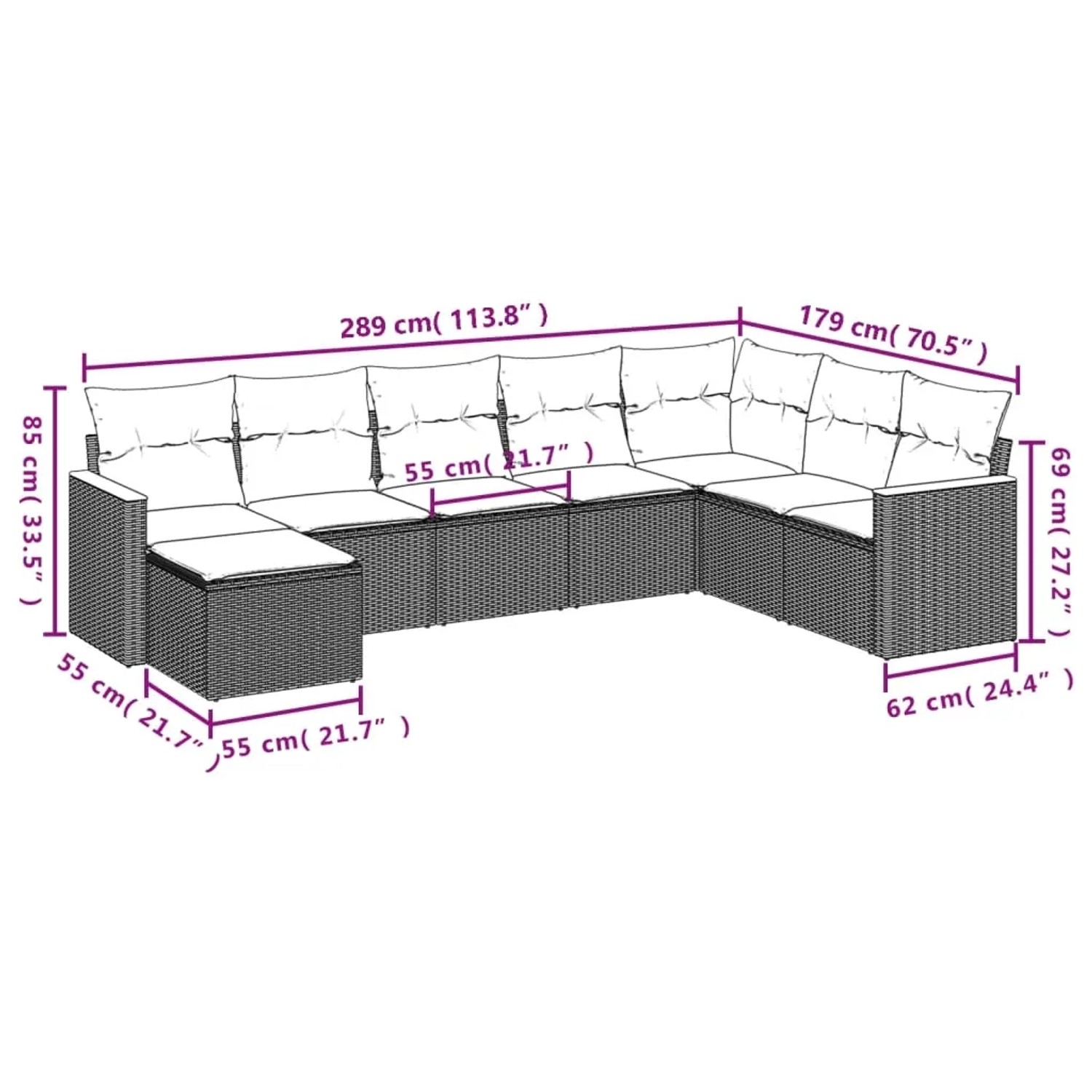 vidaXL 8-tlg. Garten-Sofagarnitur Grau Poly Rattan mit Maßen und Kissen.
