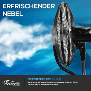TroniTechnik Standventilator mit Wasserkühlung und Oszillation. Ventilator mit Vernebelung.