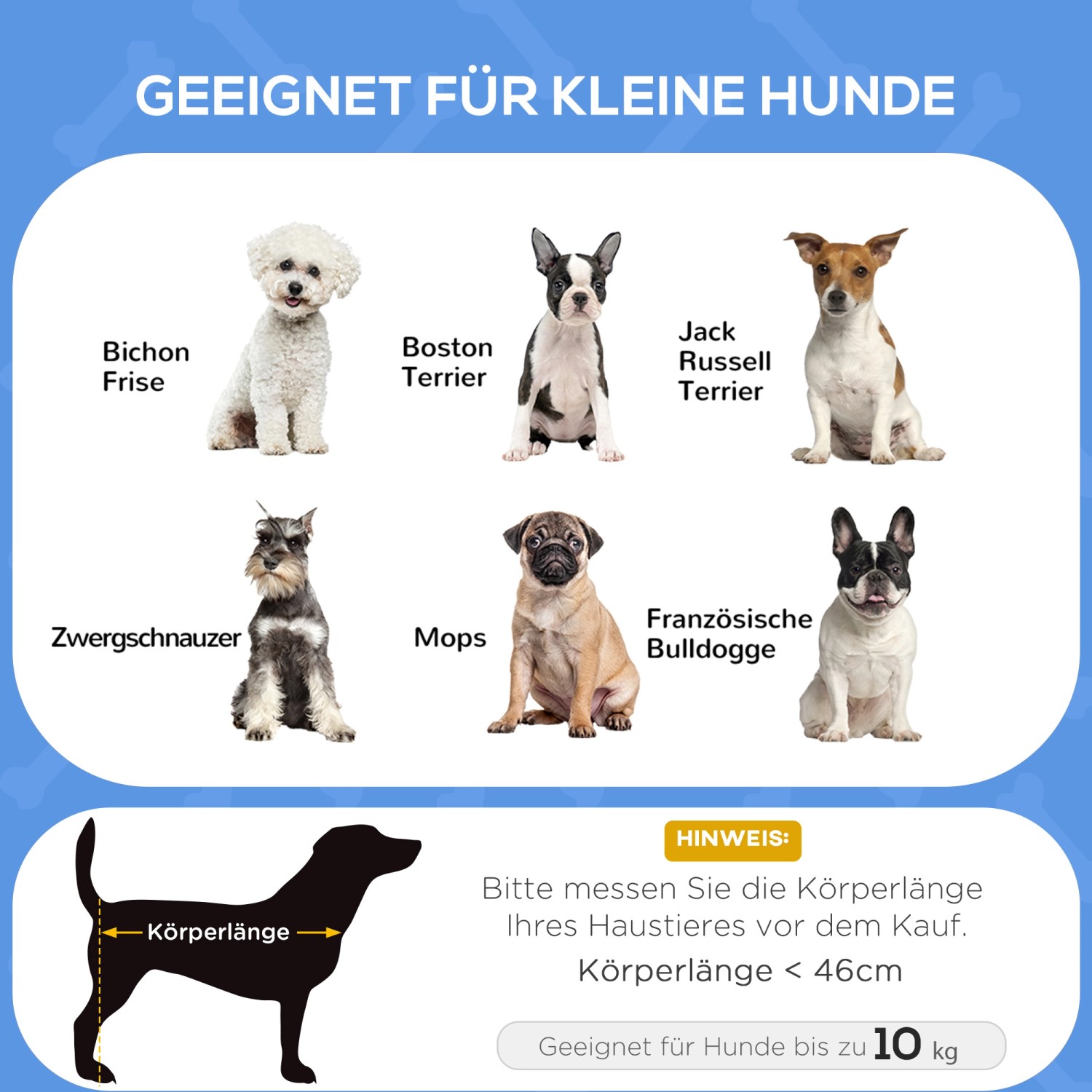 Infografik: Geeignete Hunderassen (bis 10kg) für das PawHut Hundebett Outdoor Klappbar.