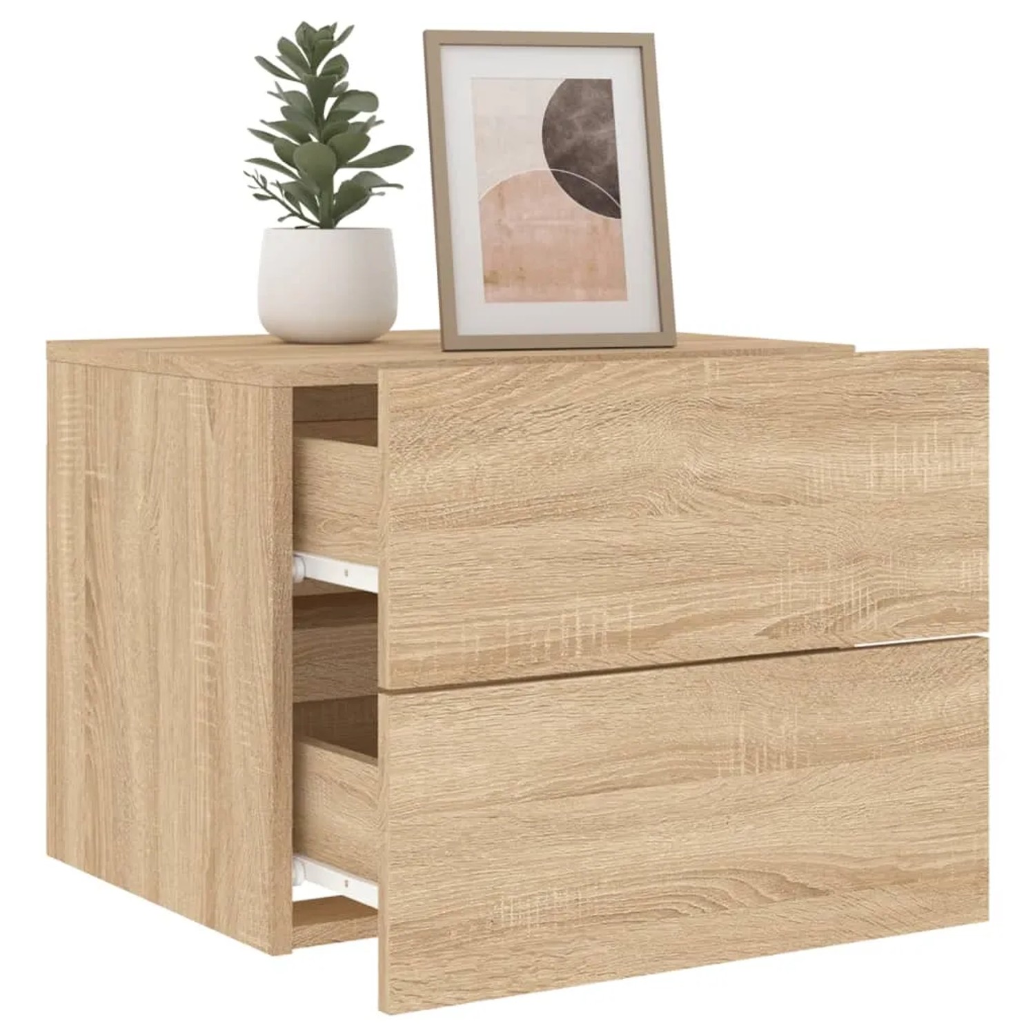 Wand-Nachttisch Sonoma-Eiche mit 2 Schubladen und LED-Leuchten, inklusive Deko.